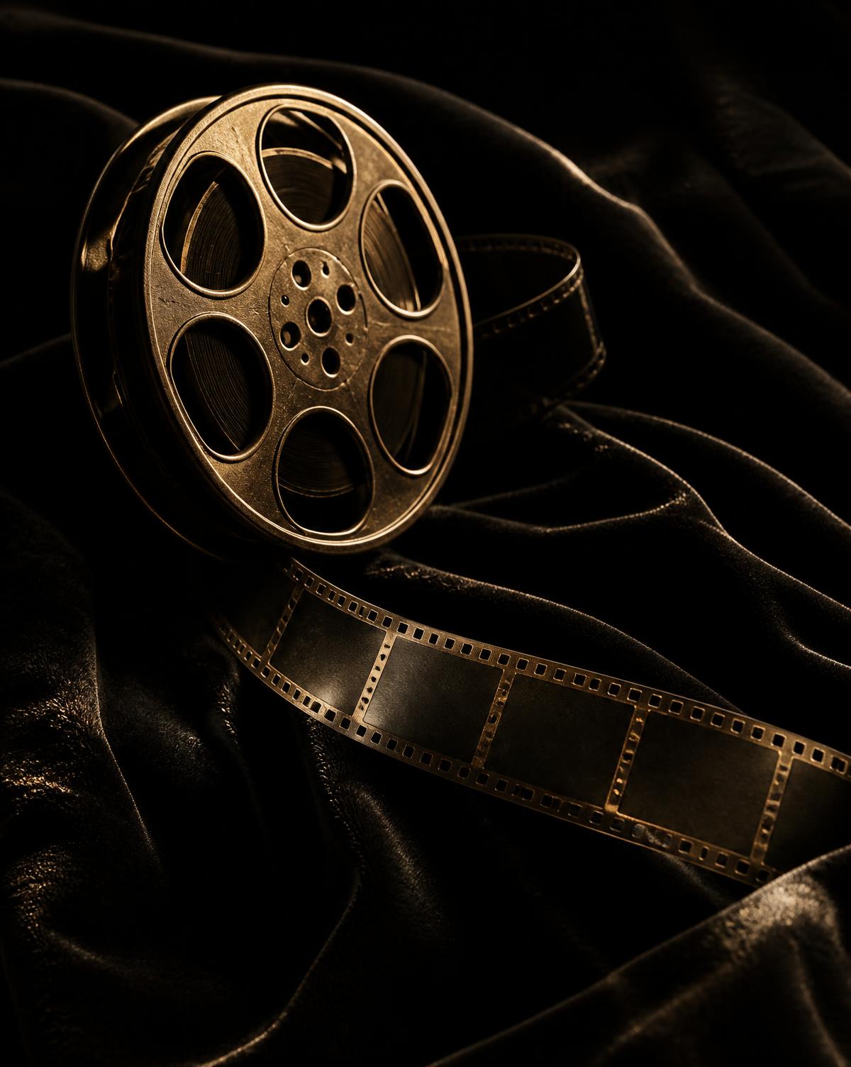 A vintage film reel and blank film strip on black velvet, lit in gold