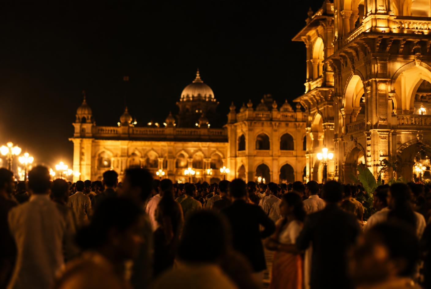 A city evening event, gold-lit heritage architecture behind a crowd